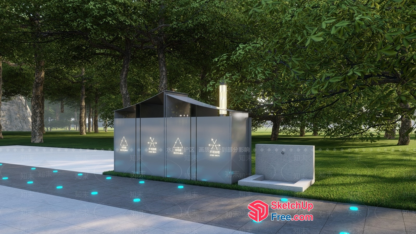 Modern Outdoor Public Restroom With Glass Walls And Roof 3D SketchUp File