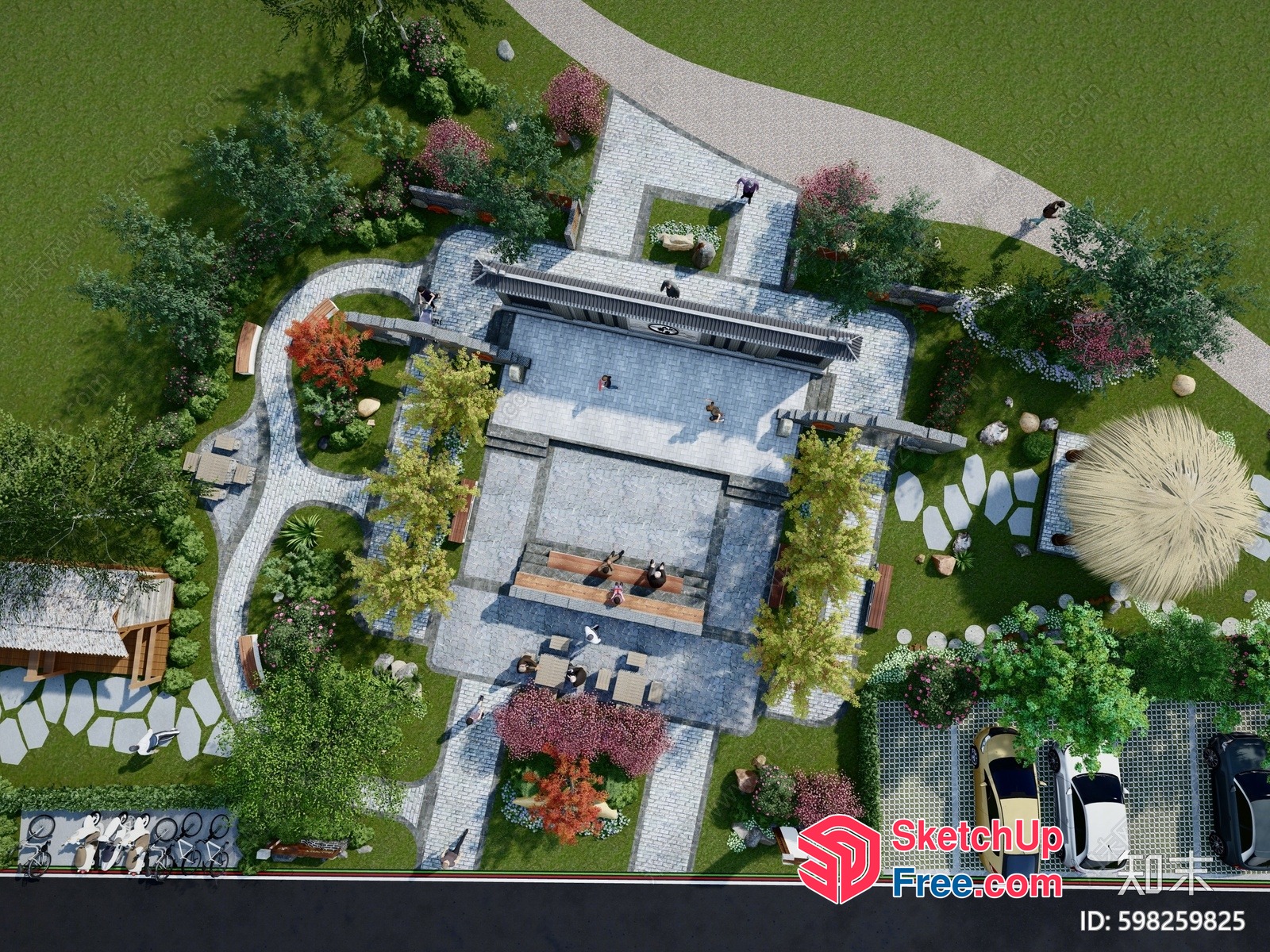 Aerial View Of A Park With A Building And A Parking Lot 3D SketchUp File