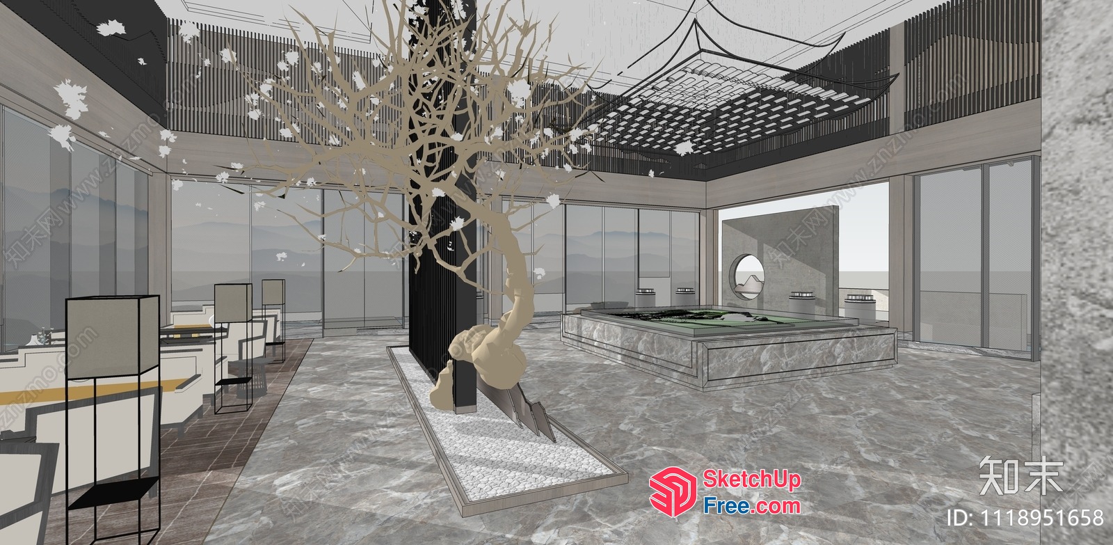 Modern Japanese-Style Room With A Tree In The Center 3D SketchUp File