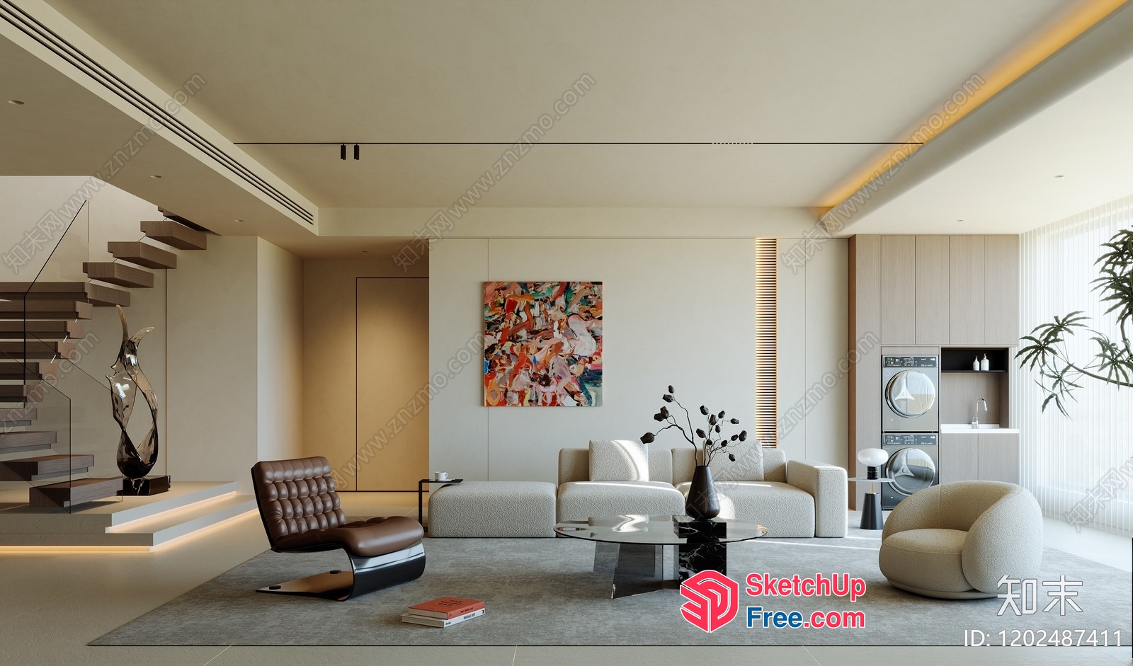 Modern Minimalist Living Room With Elegant Staircase 3D SketchUp File
