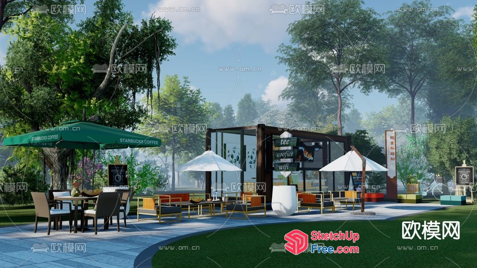 Outdoor Coffee Shop With Glass Curtain Wall 3D SketchUp File