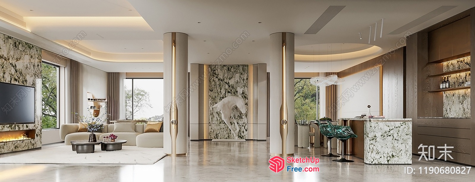 Luxurious Modern Living Room With Elegant Pillars 3D SketchUp File