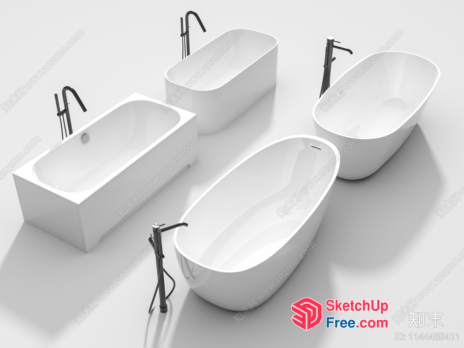 Four Modern Bathtubs With Faucets And Pedestals 3D SketchUp File
