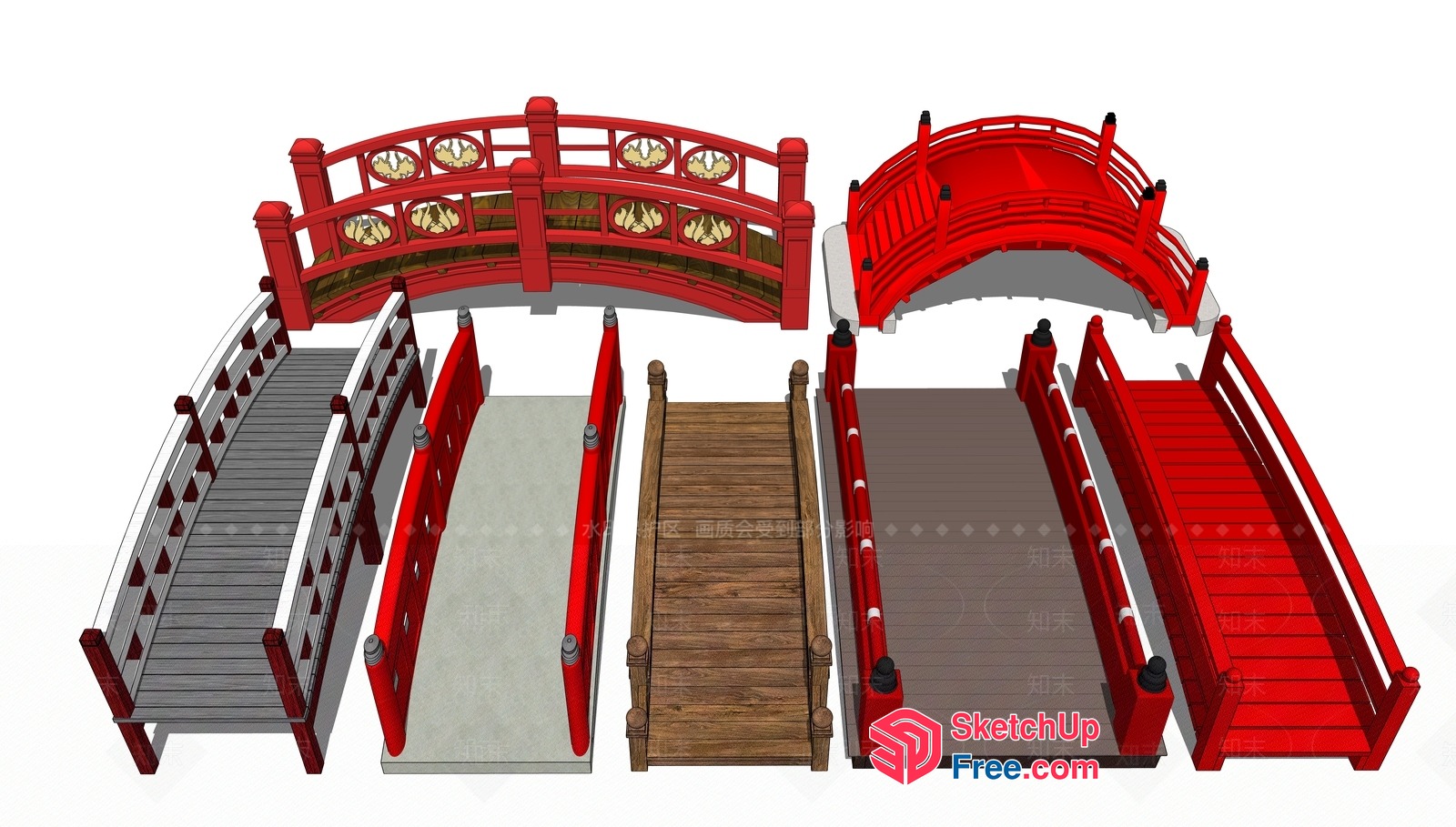 Japanese Style Red Bridge Set 3D SketchUp File