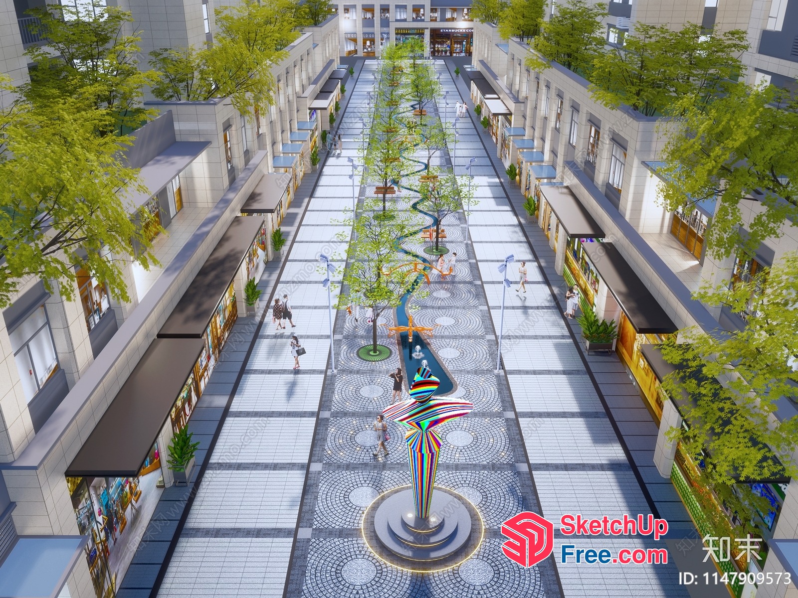 Commercial Street With Unique Artistic Decorations And Modern Architecture 3D SketchUp File