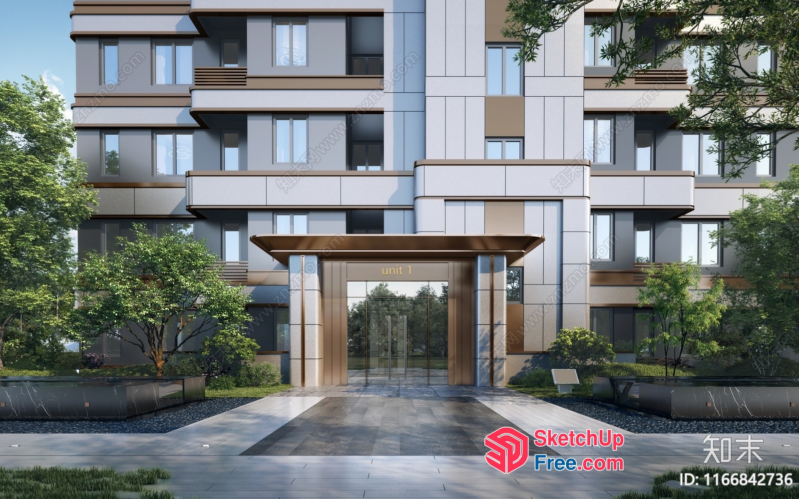 Modern Apartment Building Exterior With Glass Curtain Wall And Pillars 3D SketchUp File
