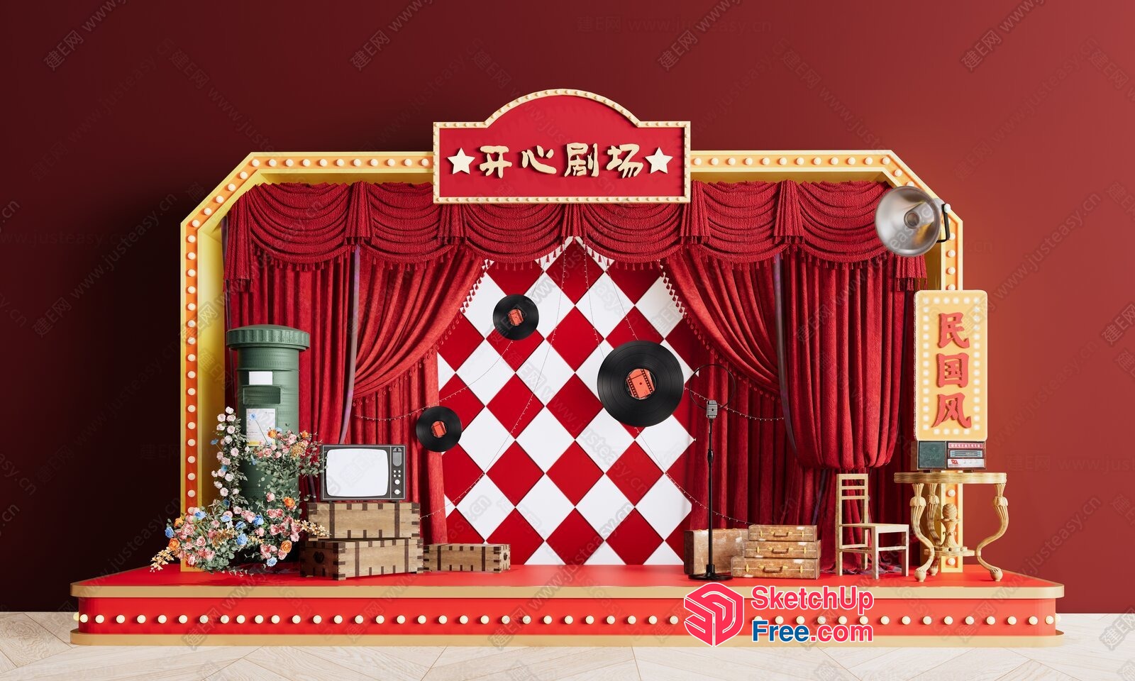 Vintage Stage Decor With Red And White Checkered Backdrop 3D SketchUp File