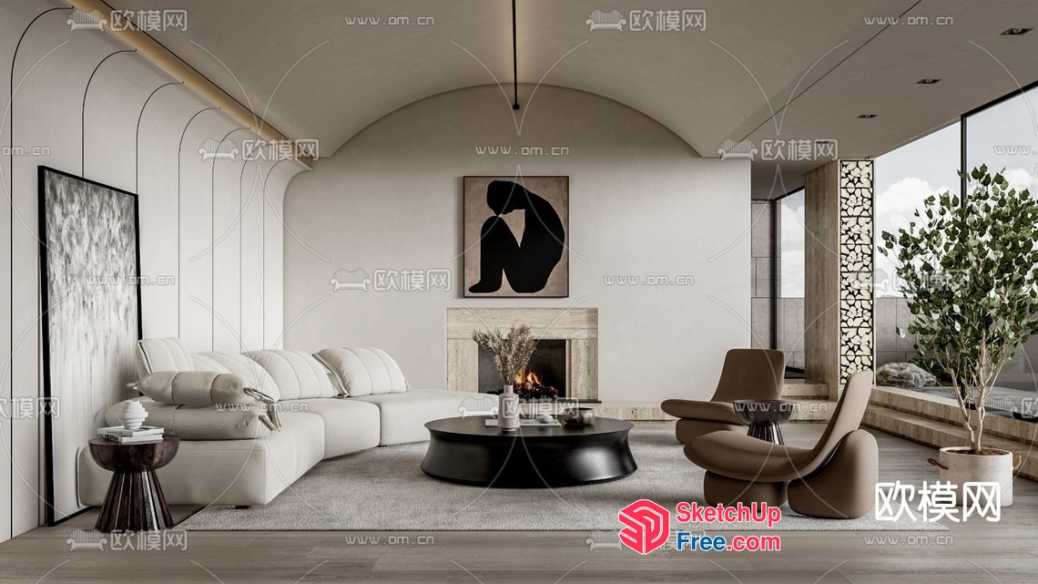 Modern Living Room With Fireplace And White Furniture 3D SketchUp File