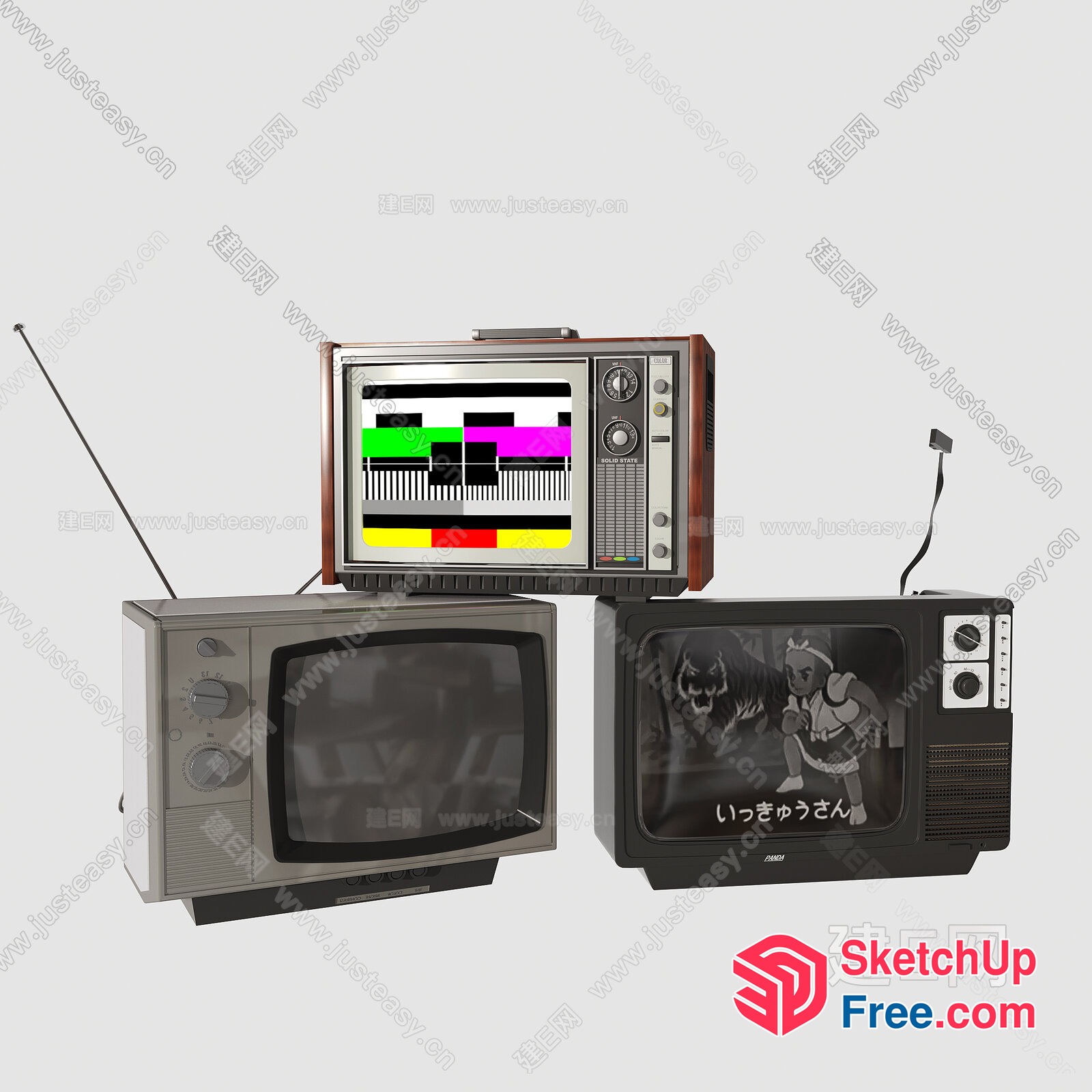 Three Retro Tvs In A Line 3D SketchUp File