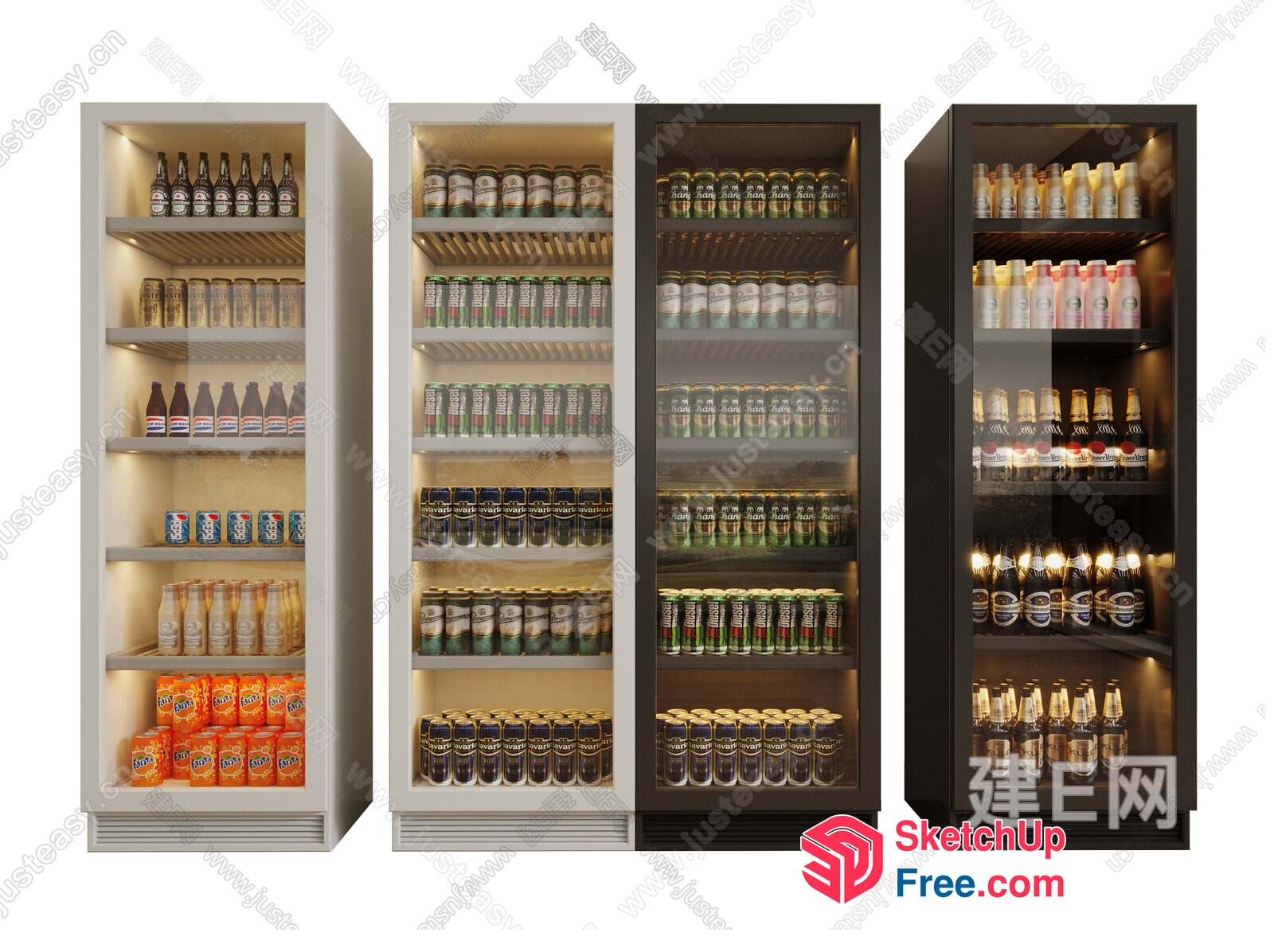 Four Tall Refrigerators With Various Drinks 3D SketchUp File