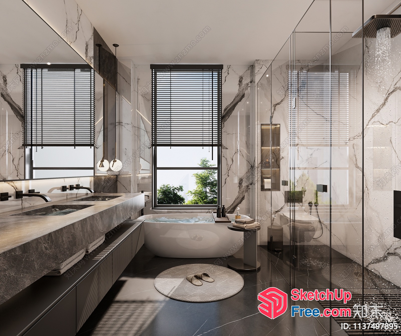 Modern Luxury Bathroom With Large Windows And Marble Walls 3D SketchUp File