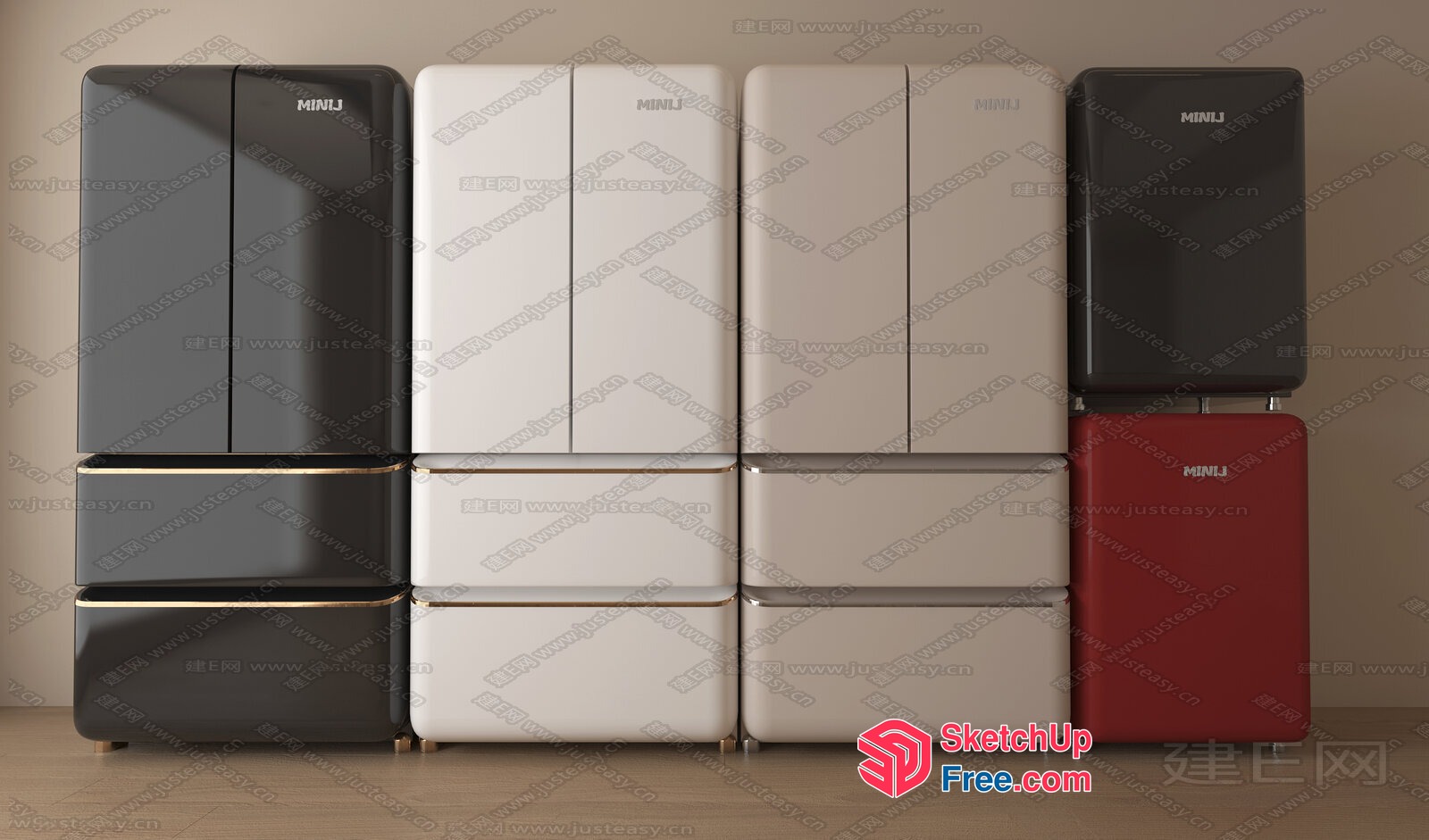 Sleek Modern Mini Fridges In Black, White, And Red 3D SketchUp File