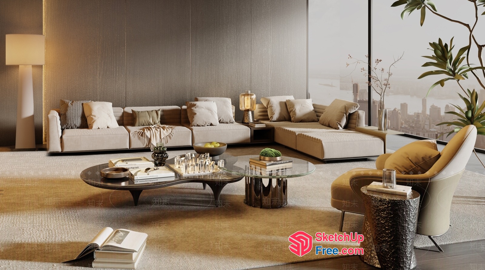 Modern Living Room With L-Shaped Sofa And Glass Coffee Table 3D SketchUp File