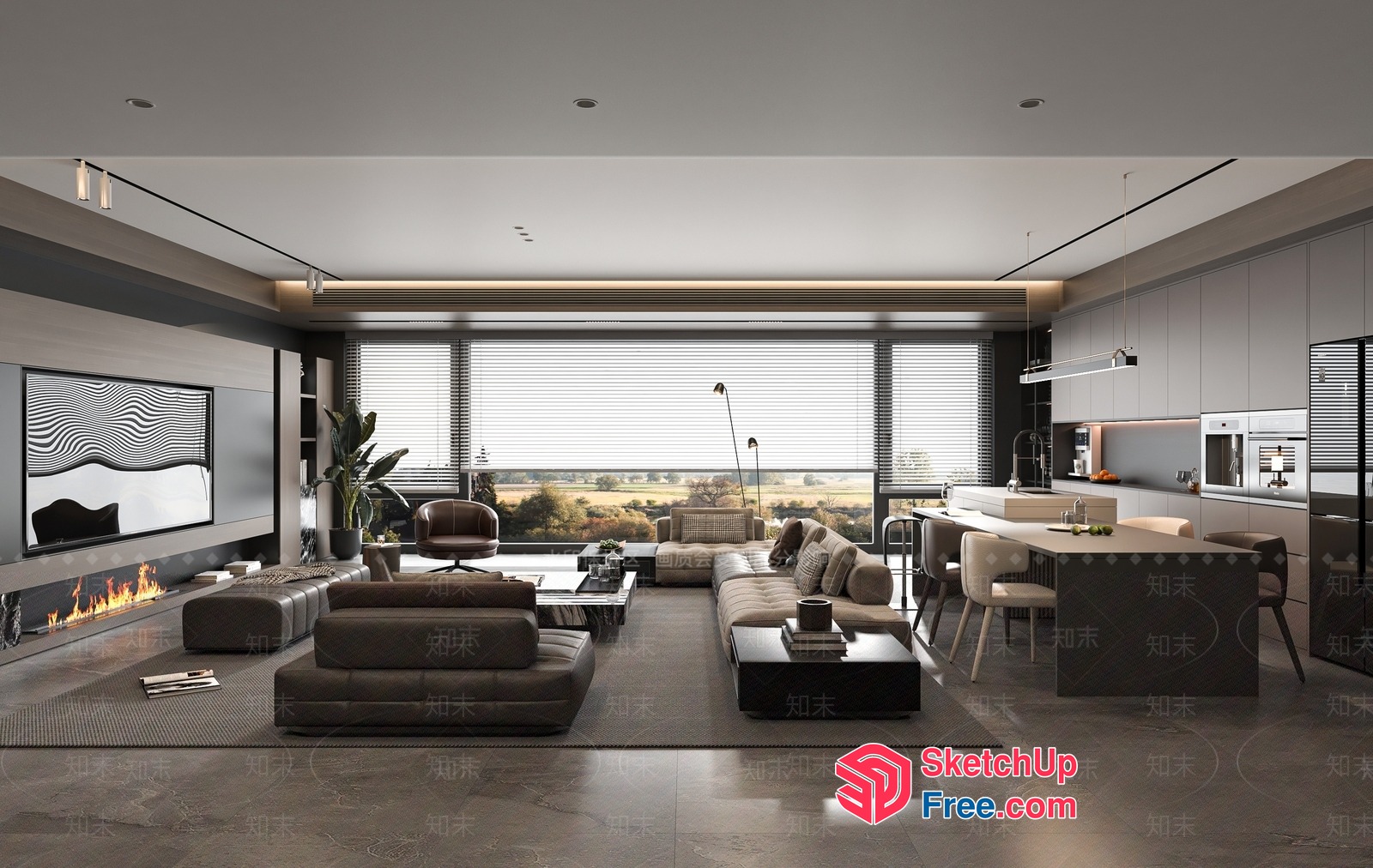 Modern Living Room With Fireplace And Large Windows 3D SketchUp File
