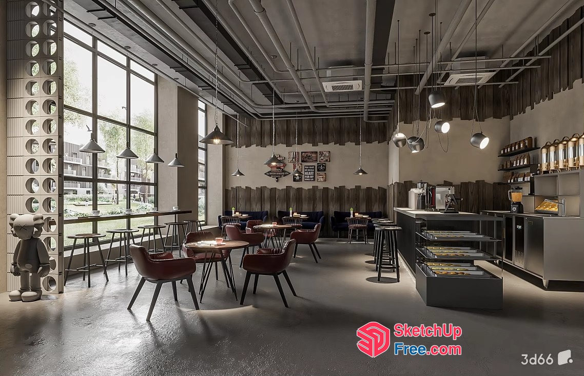 Modern Industrial-Style Cafe Interior With Natural Light 3D SketchUp File