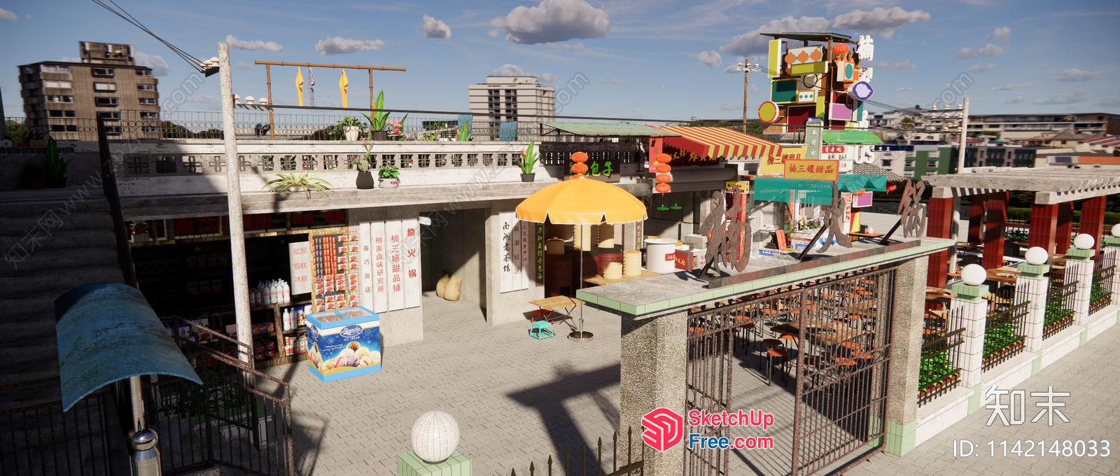 Asian Style Commercial Street With Traditional Architecture 3D SketchUp File