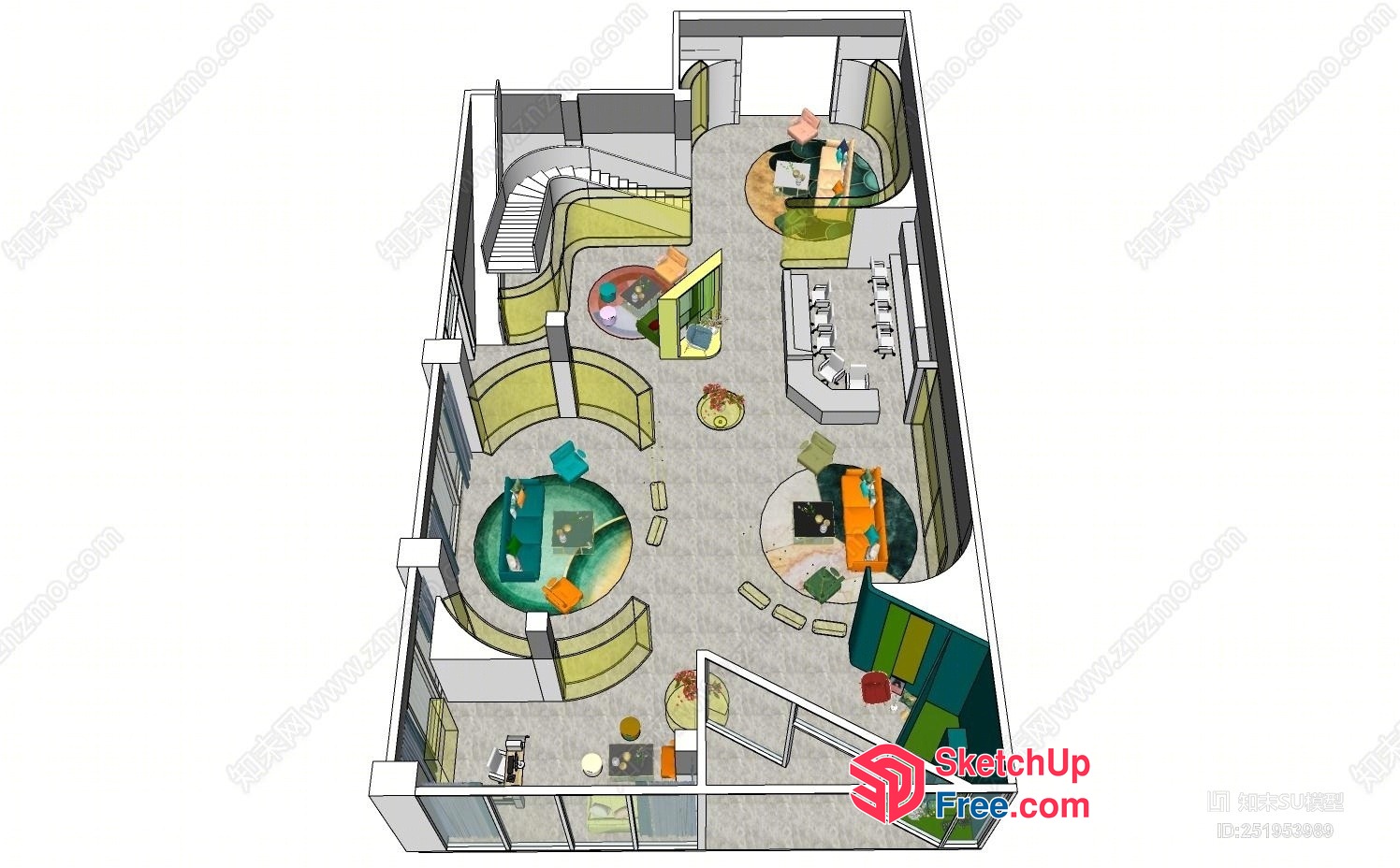 Colorful Modern Office Space With Curved Furniture And Open Floor Plan 3D SketchUp File