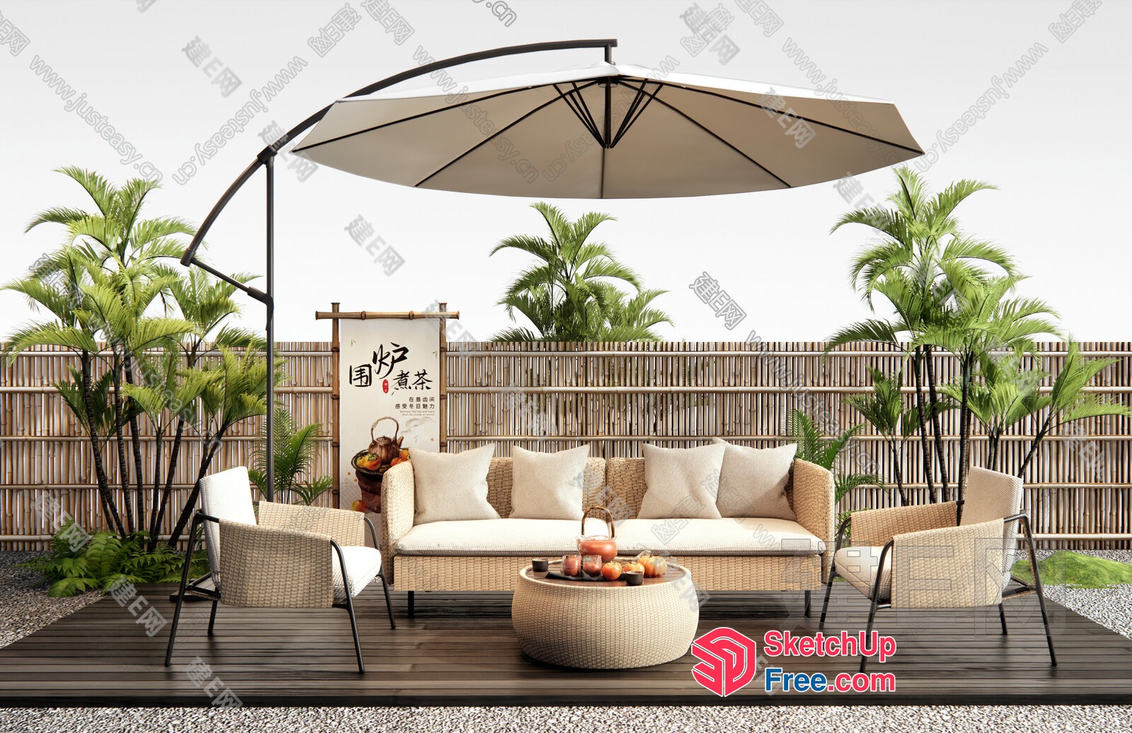 Elegant Outdoor Seating Area With Rattan Furniture And Umbrella 3D SketchUp File