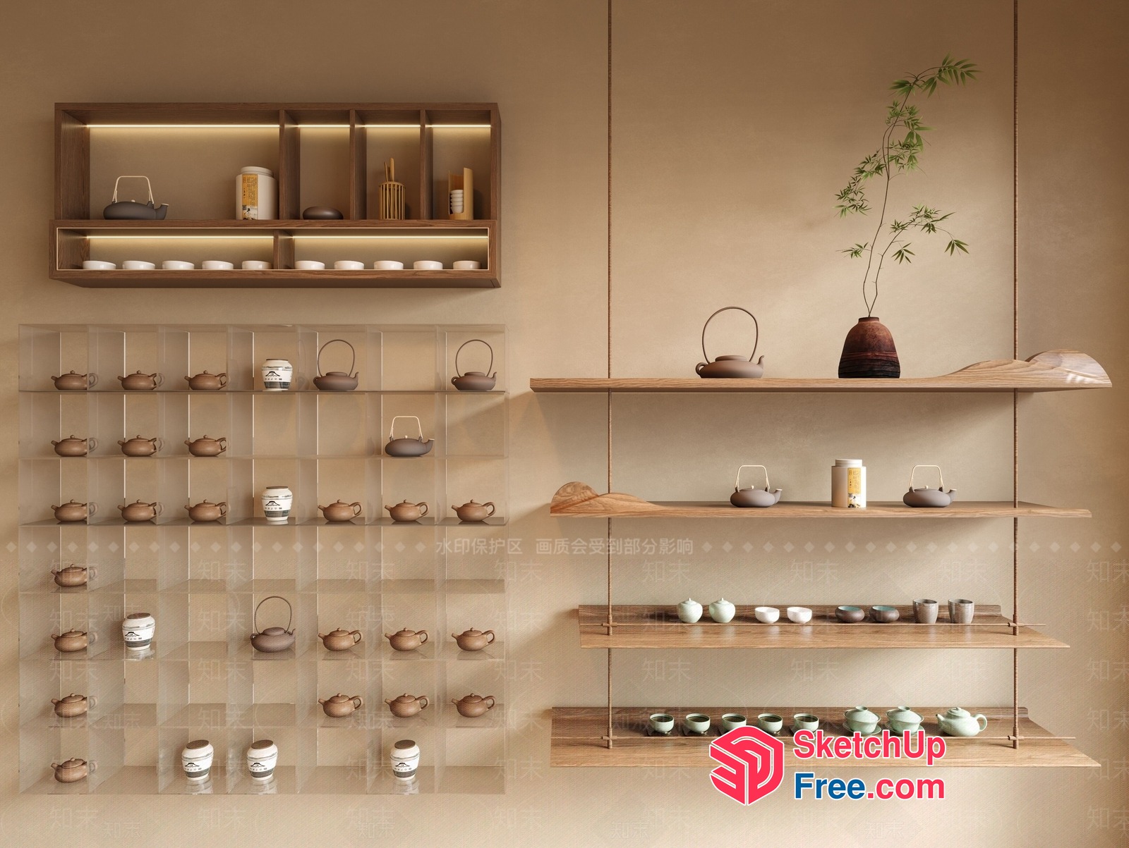 Elegant Display Of Tea Sets And Potted Plants 3D SketchUp File