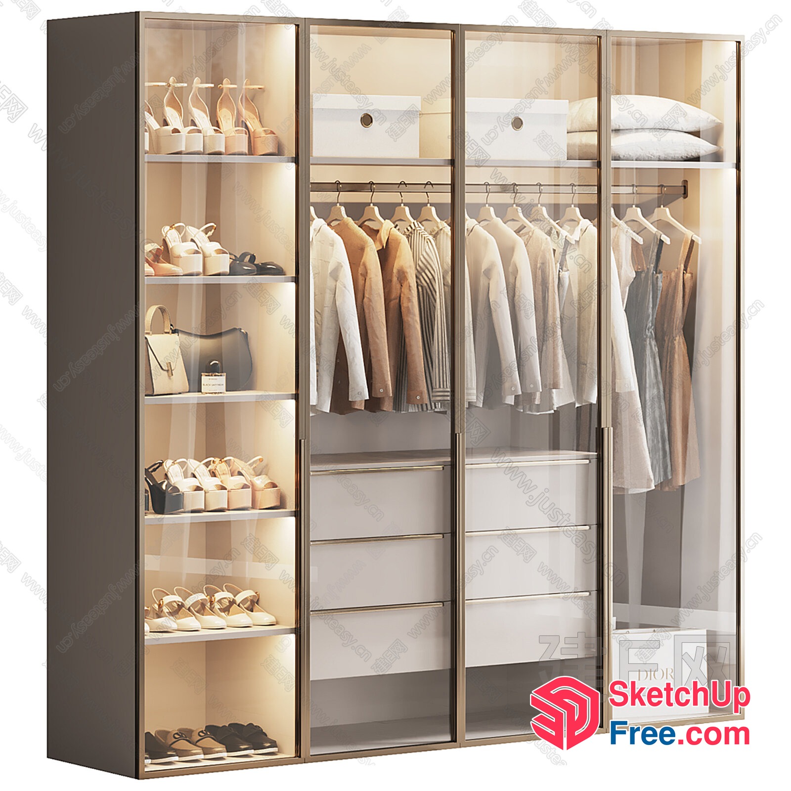 Modern Glass Door Wardrobe With White Shelves 3D SketchUp File
