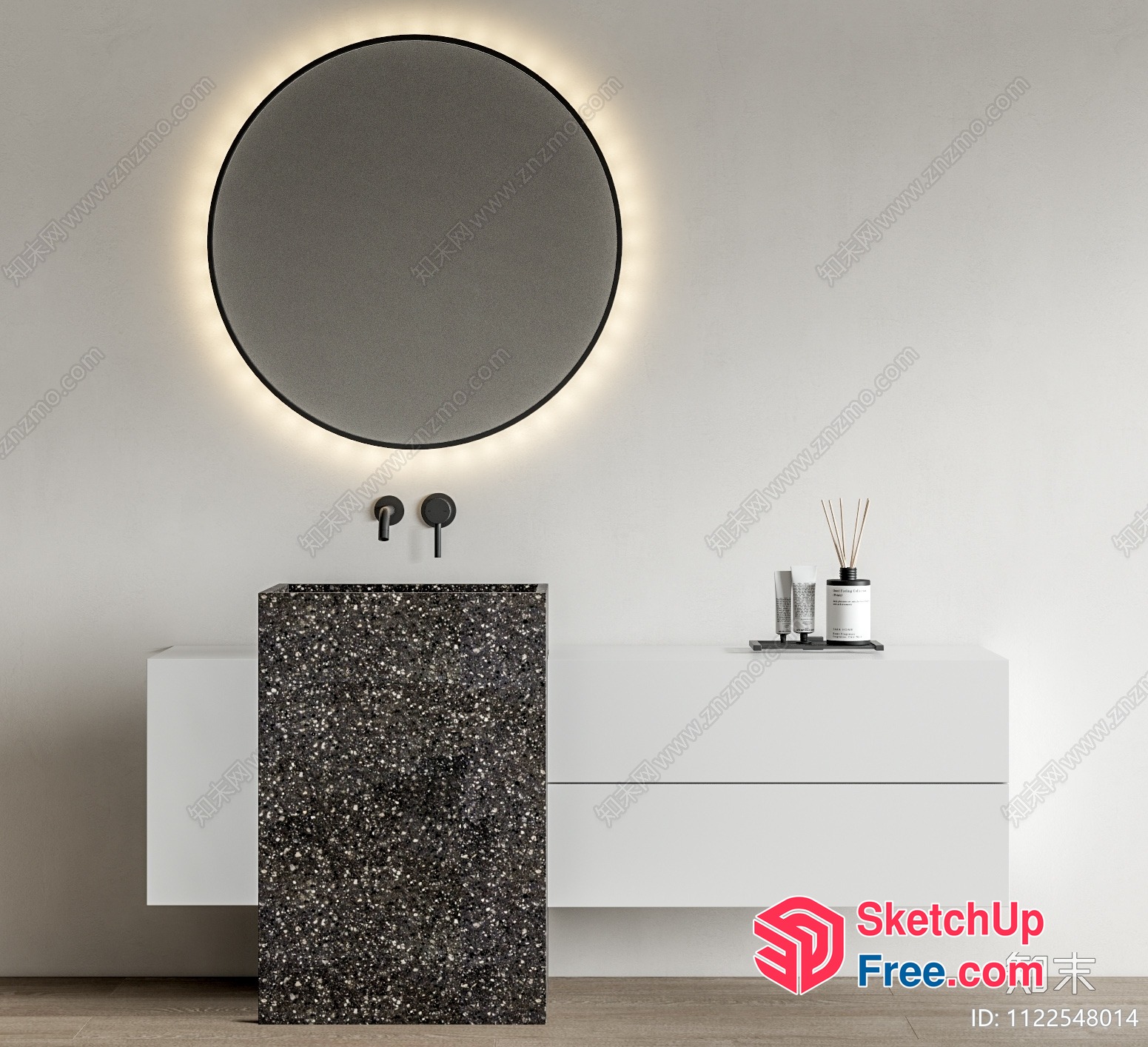Modern Bathroom Vanity With Round Mirror And Grey Speckled Countertop 3D SketchUp File