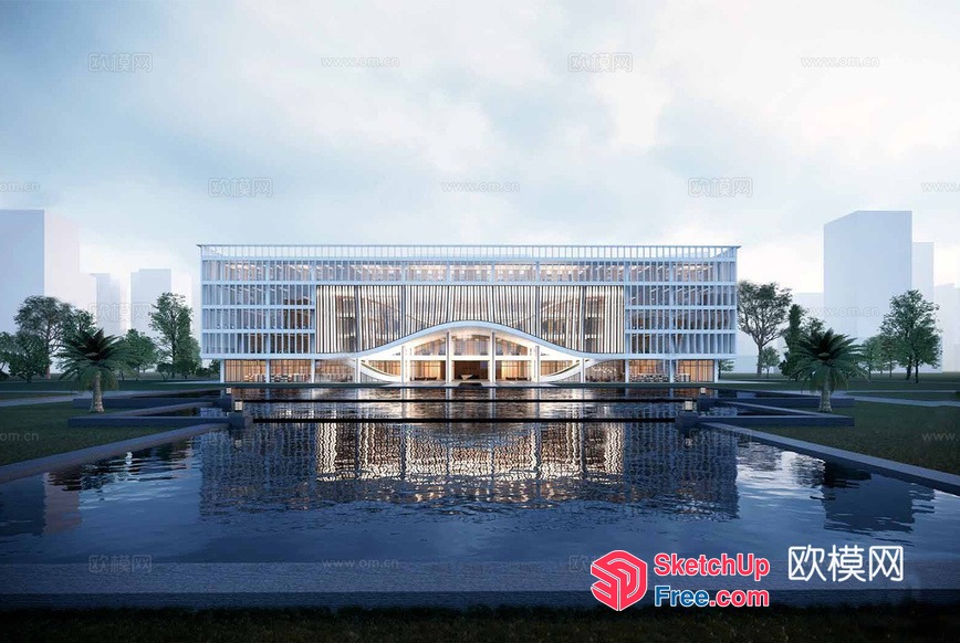 Modern Commercial Building With Glass Curtain Wall And Reflective Pool 3D SketchUp File