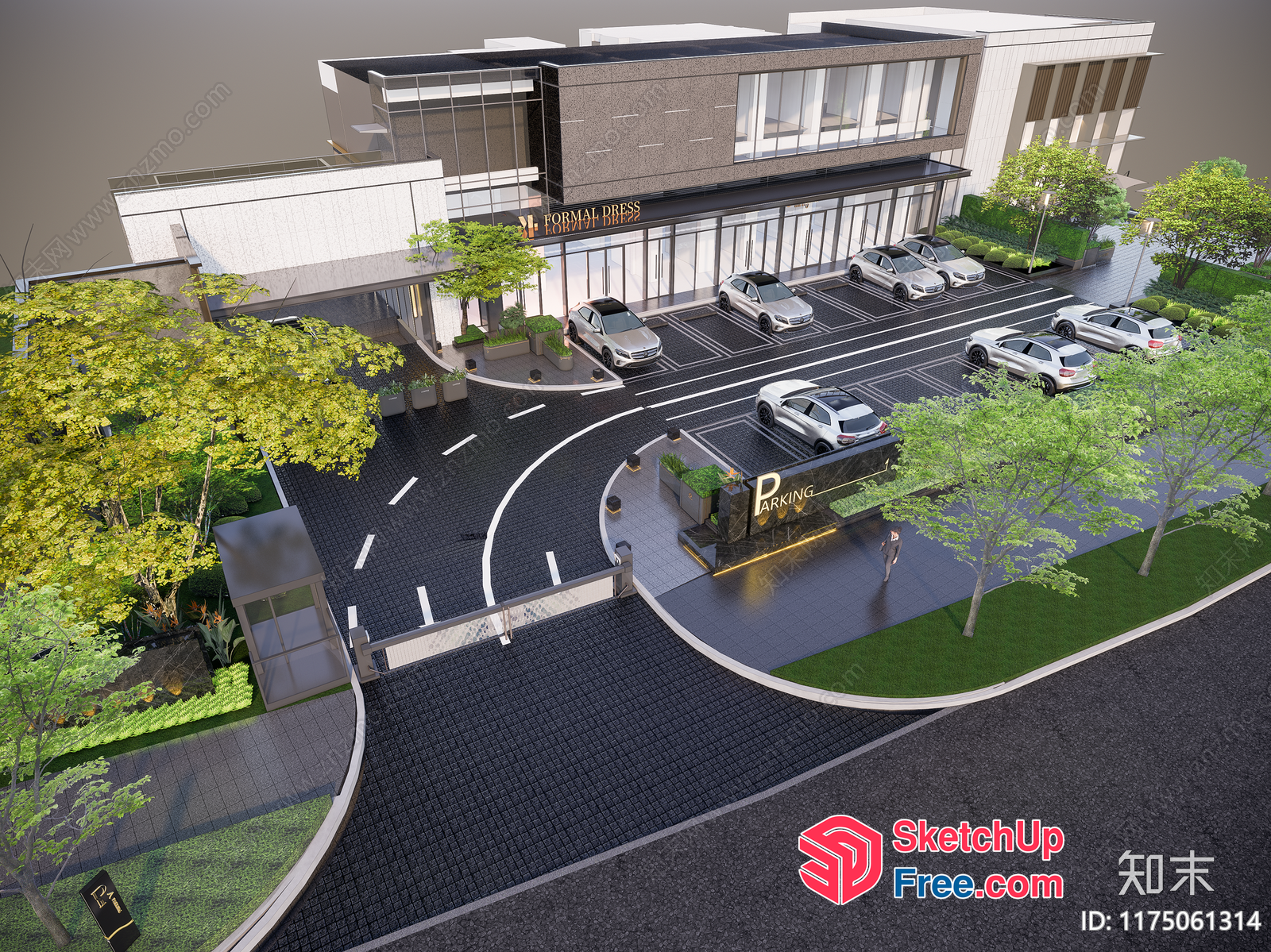 Modern Commercial Building With Parking And Entrance 3D SketchUp File
