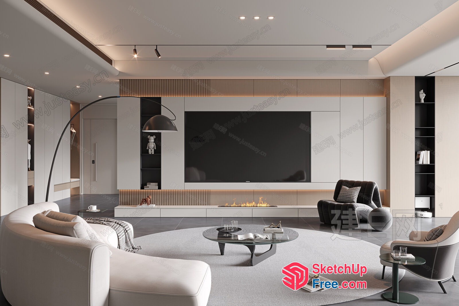 Modern Minimalist Living Room With Fireplace And Tv 3D SketchUp File
