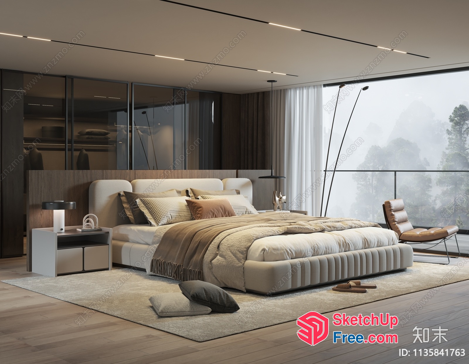 Modern Minimalist Bedroom With Large Windows And Bed 3D SketchUp File