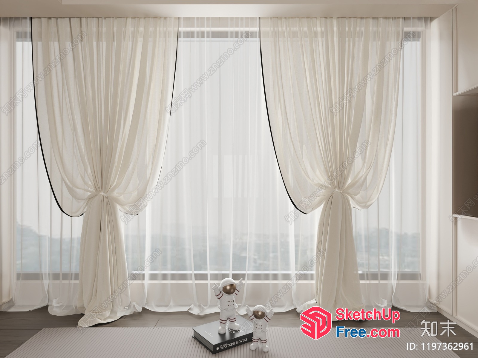 Modern White Curtains And Sheer Blinds In A Bright Room 3D SketchUp File
