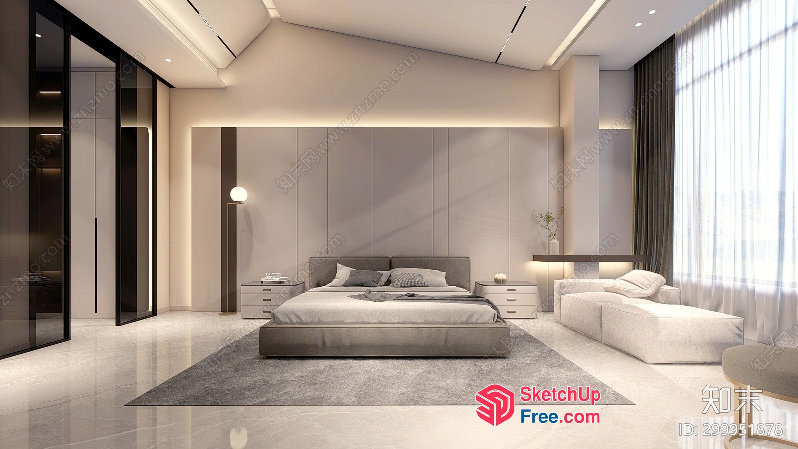 Modern Minimalist White And Gray Bedroom Interior 3D SketchUp File