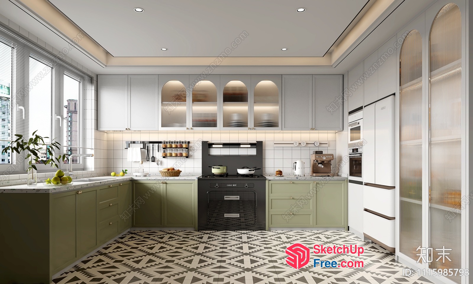 Modern Kitchen With White And Green Cabinets And Geometric Tiles 3D SketchUp File