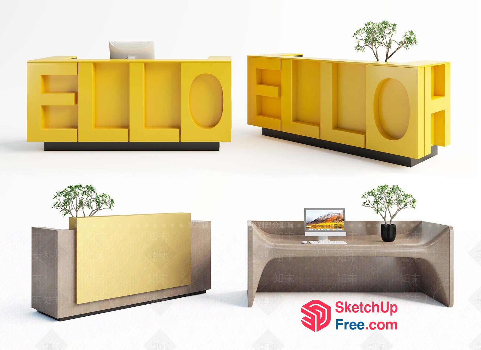 Modern Yellow And Brown Reception Desk With Unique Design 3D SketchUp File