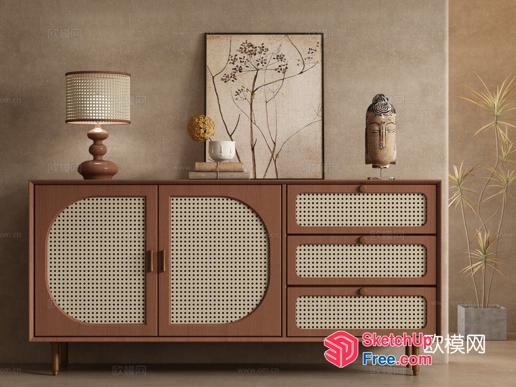 Mid-Century Modern Sideboard With Rattan Accents 3D SketchUp File