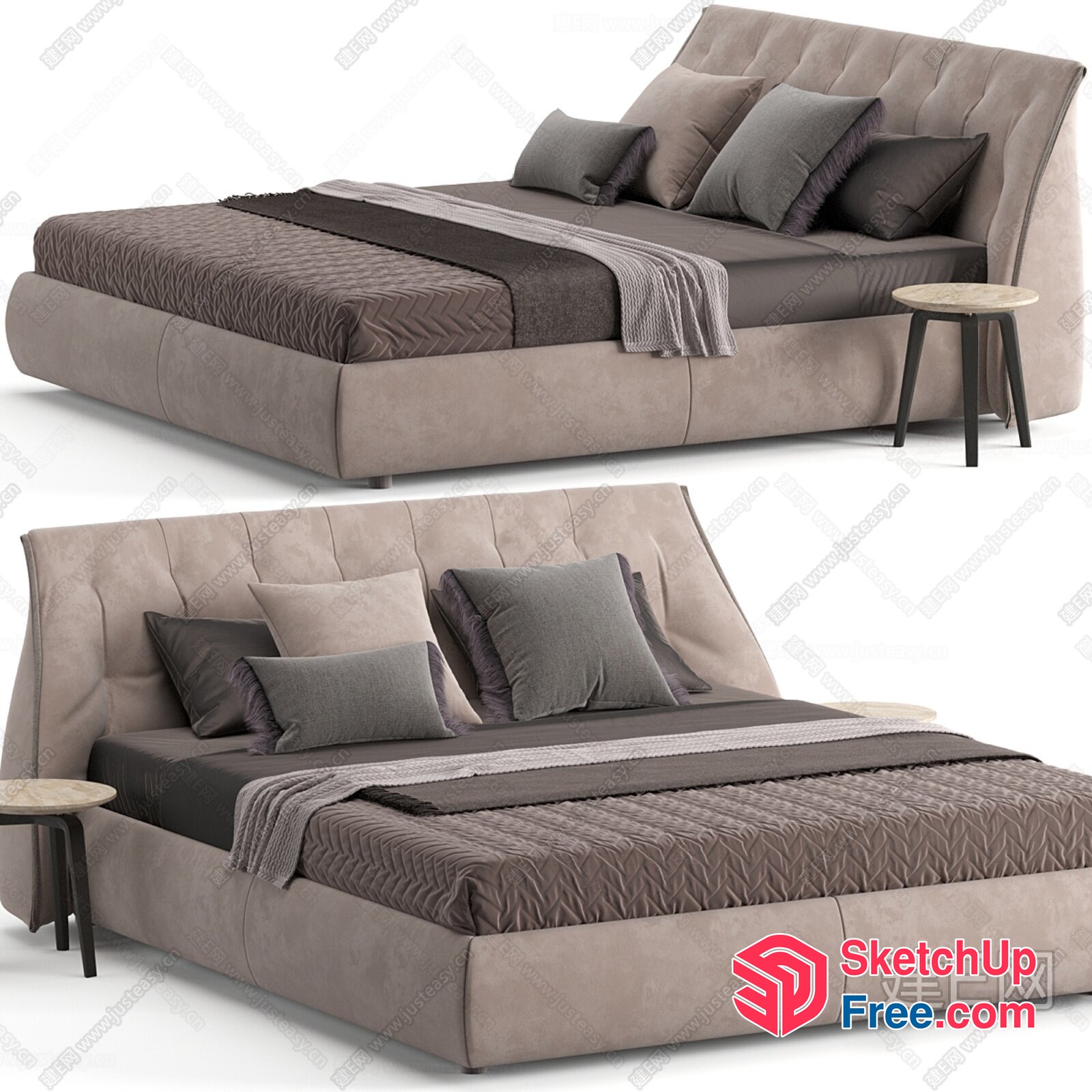 Modern Beige Bed With Pillows And Side Tables 3D SketchUp File