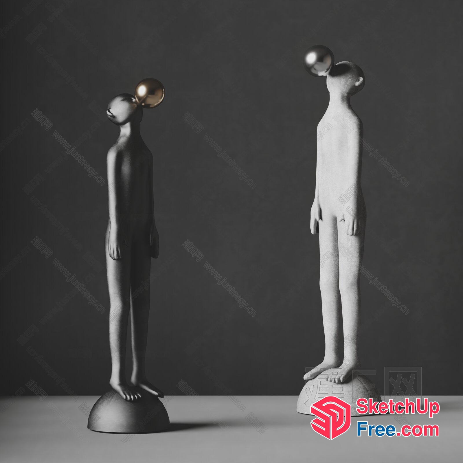 Two Human Figures With Metallic Balls On Heads 3D SketchUp File