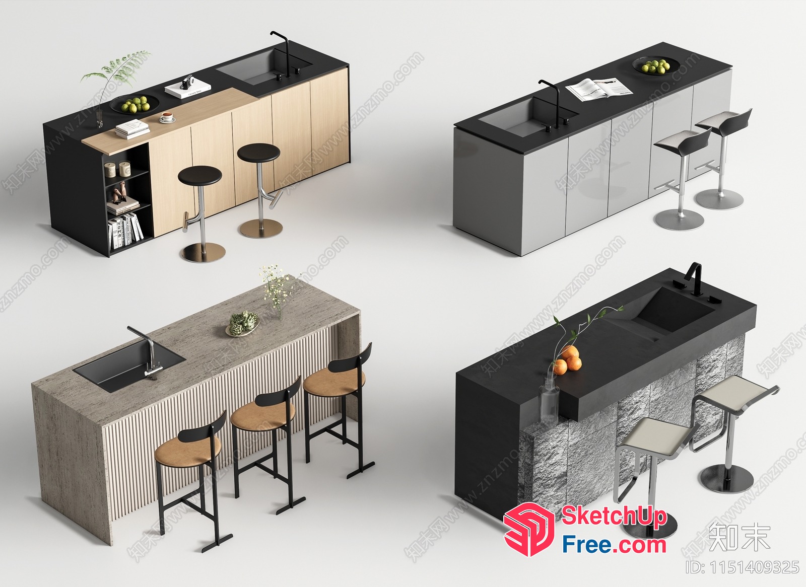 Modern Kitchen Island With Stools And Sink 3D SketchUp File