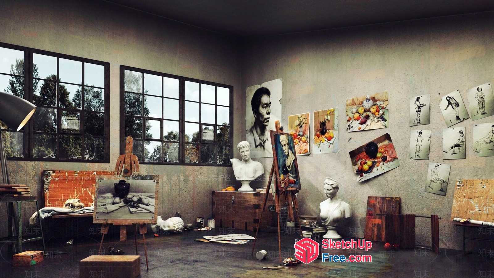 Artistic Studio With Busts And Paintings 3D SketchUp File