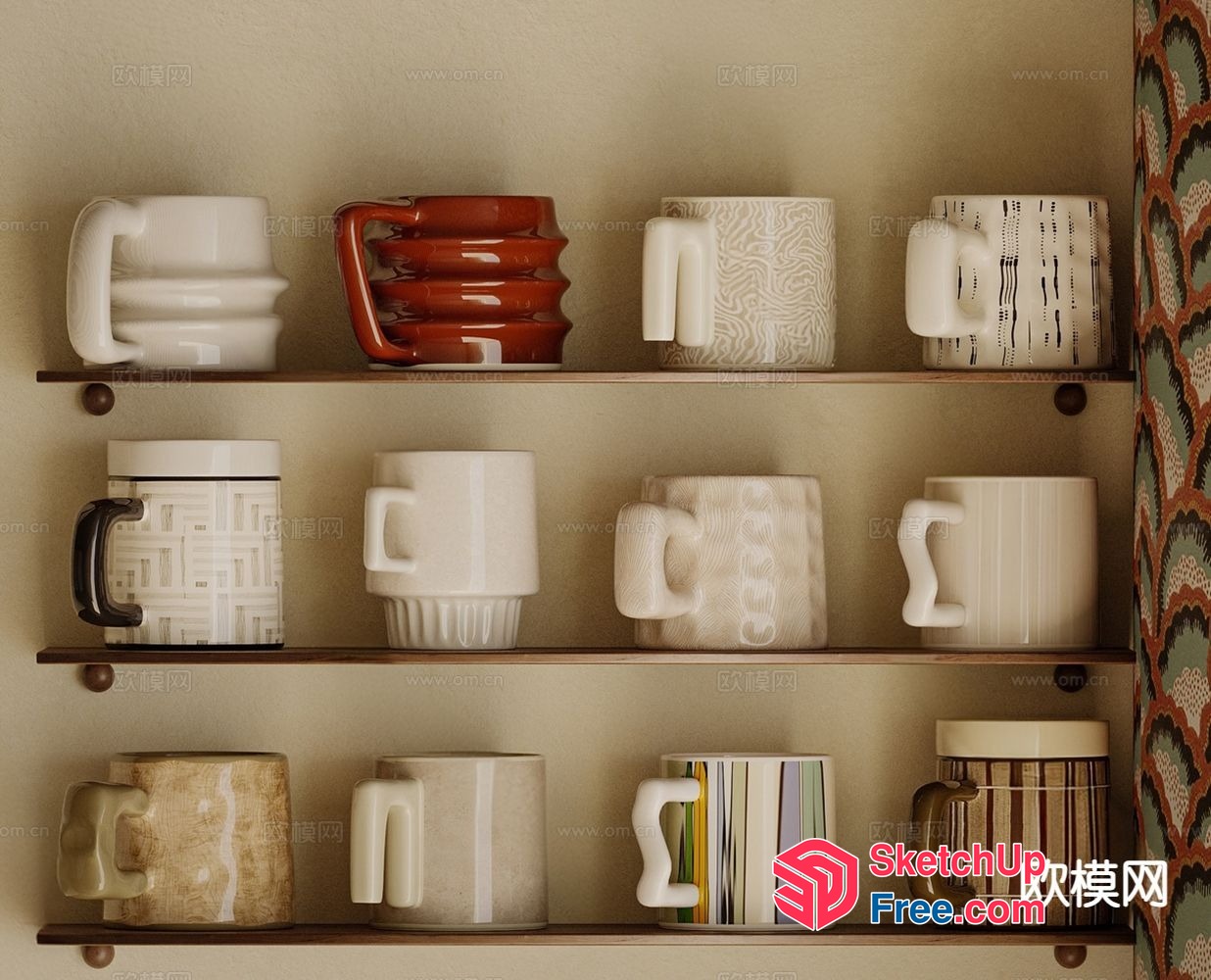 Elegant Shelving Unit With Distinctive Mugs 3D SketchUp File