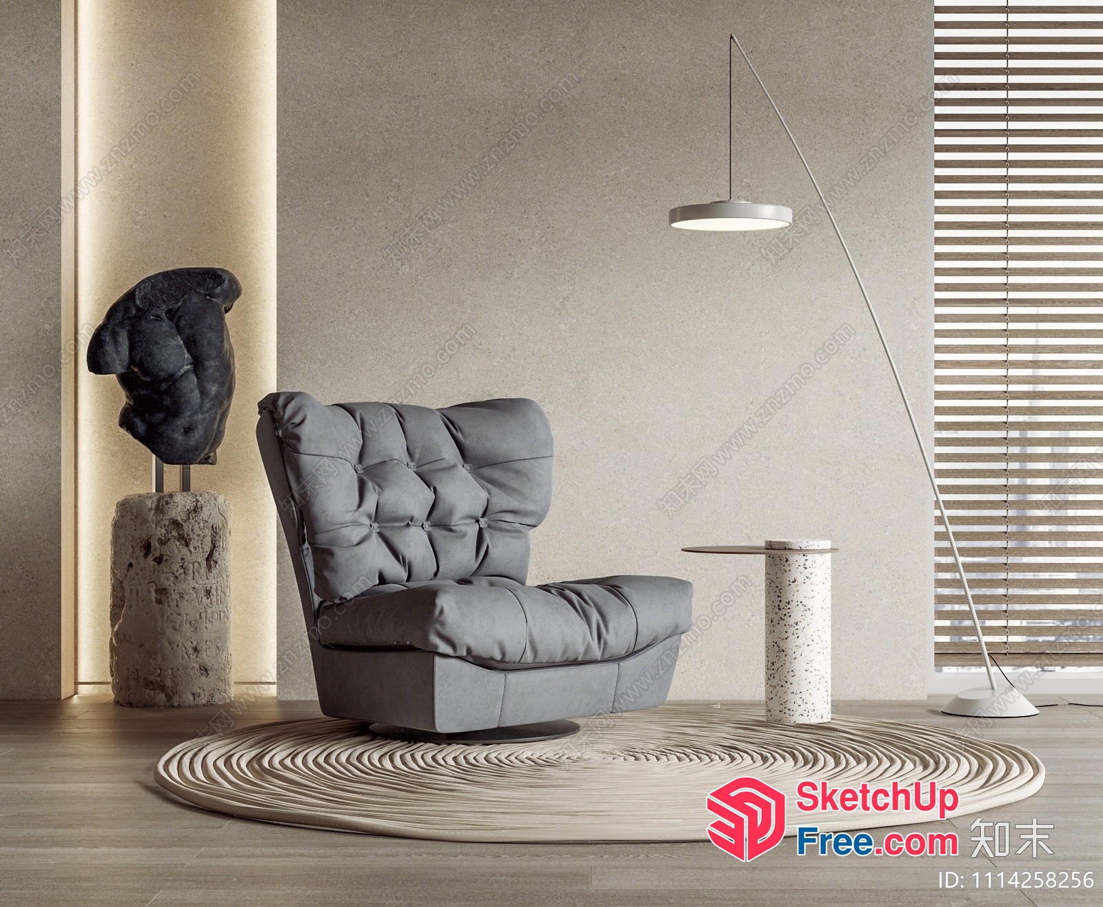 Modern Minimalist Living Room With Gray Chair And Artistic Decor 3D SketchUp File