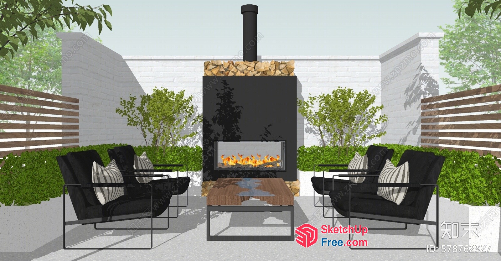 Modern Outdoor Fireplace And Seating Area 3D SketchUp File