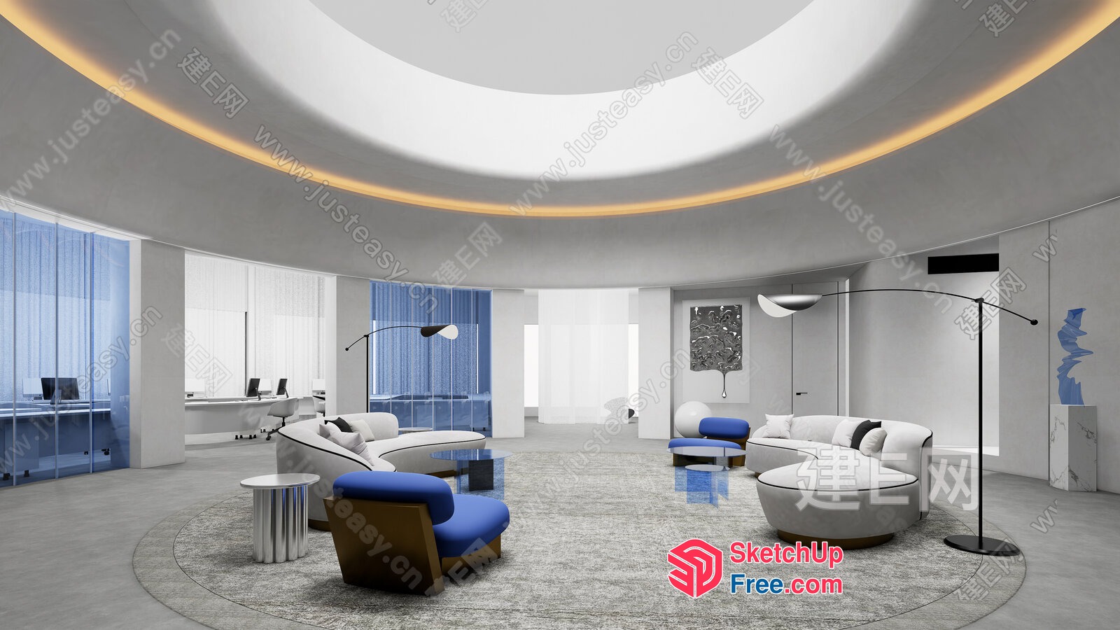 Minimalist Modern Office Interior Design With Curved Ceiling 3D SketchUp File