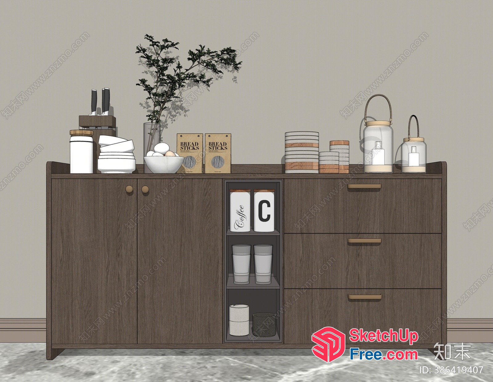 Modern Kitchen Storage Unit With Decorative Items 3D SketchUp File