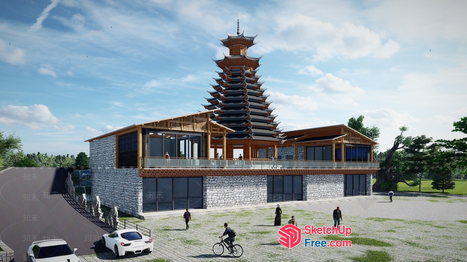 Asian-Inspired Building With Stairway And Tower 3D SketchUp File
