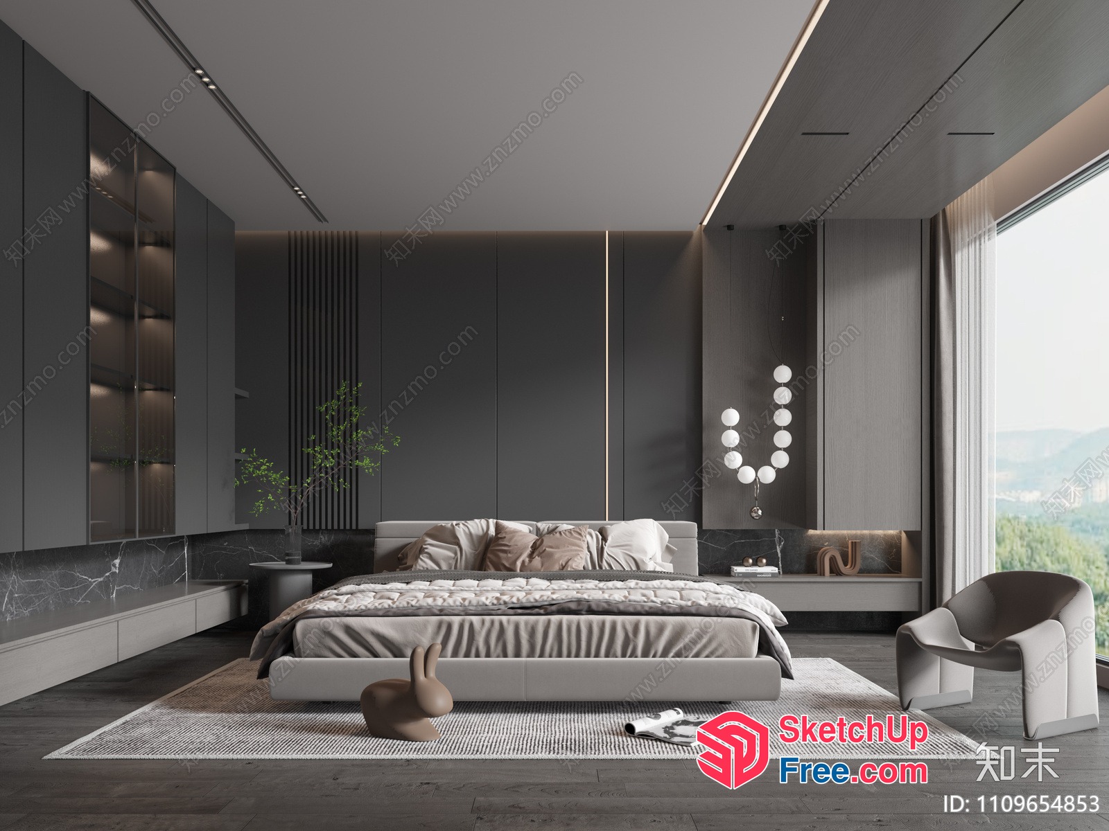 Modern Bedroom Interior With Bed And Large Window 3D SketchUp File
