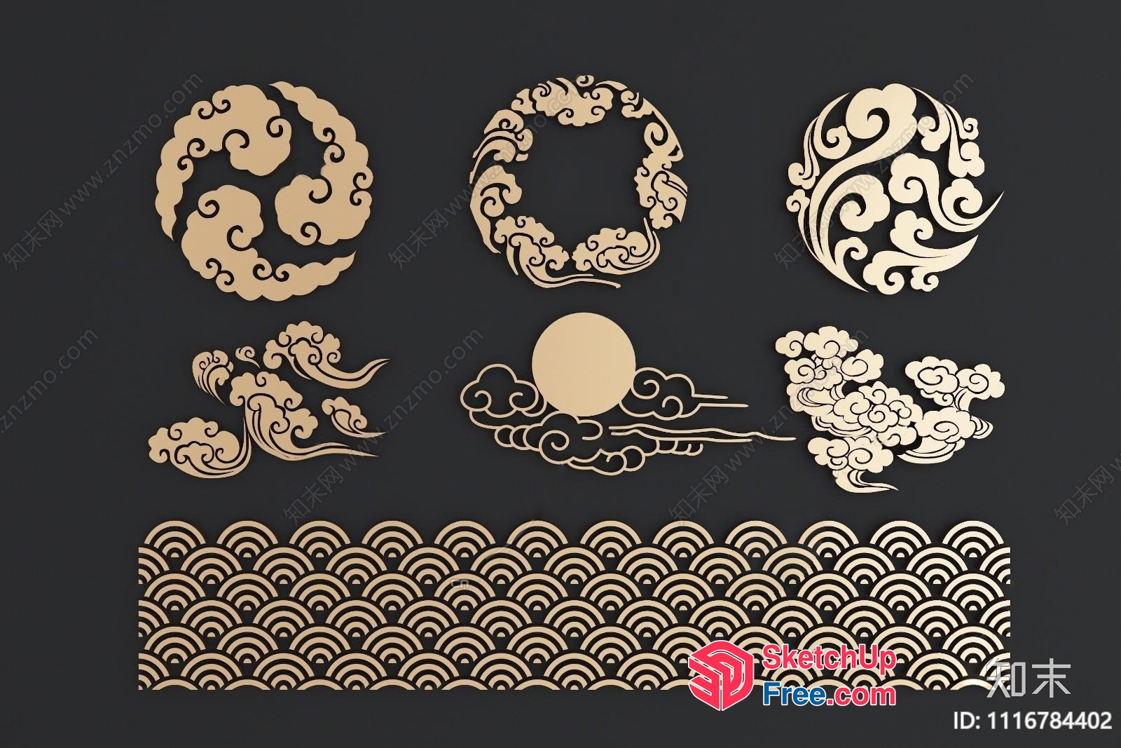 Asian-Inspired Clouds And Waves Pattern 3D SketchUp File