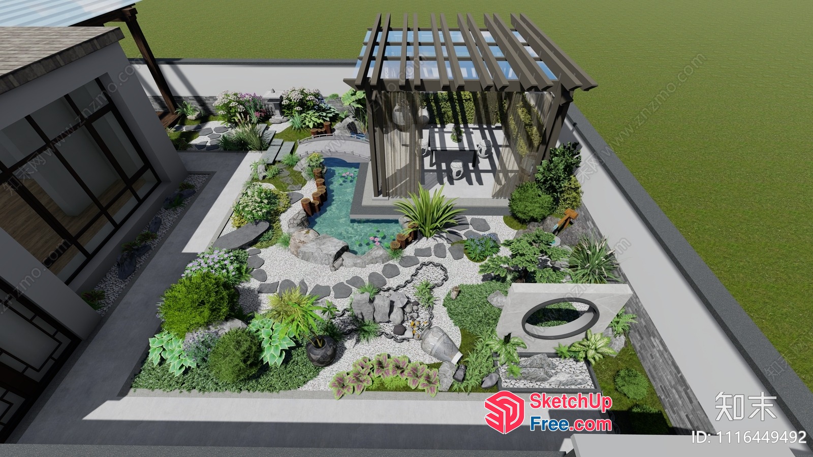 Zen Garden With Water Feature And Pergola 3D SketchUp File