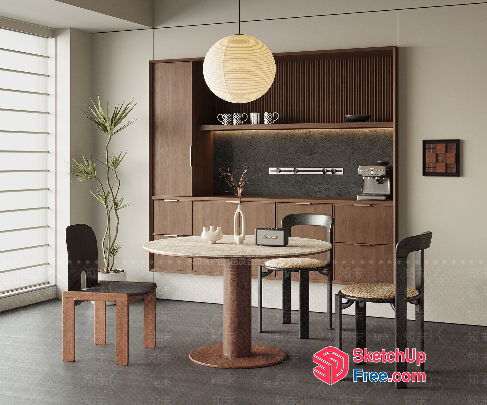 Modern Japanese Style Dining Room With Natural Wood Accents 3D SketchUp File