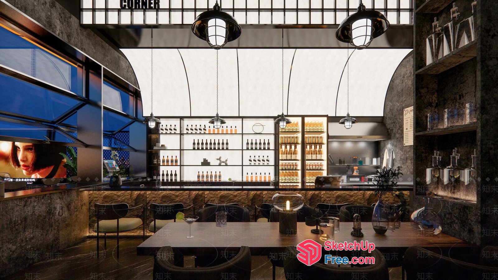 Stylish Industrial Bar Interior 3D SketchUp File