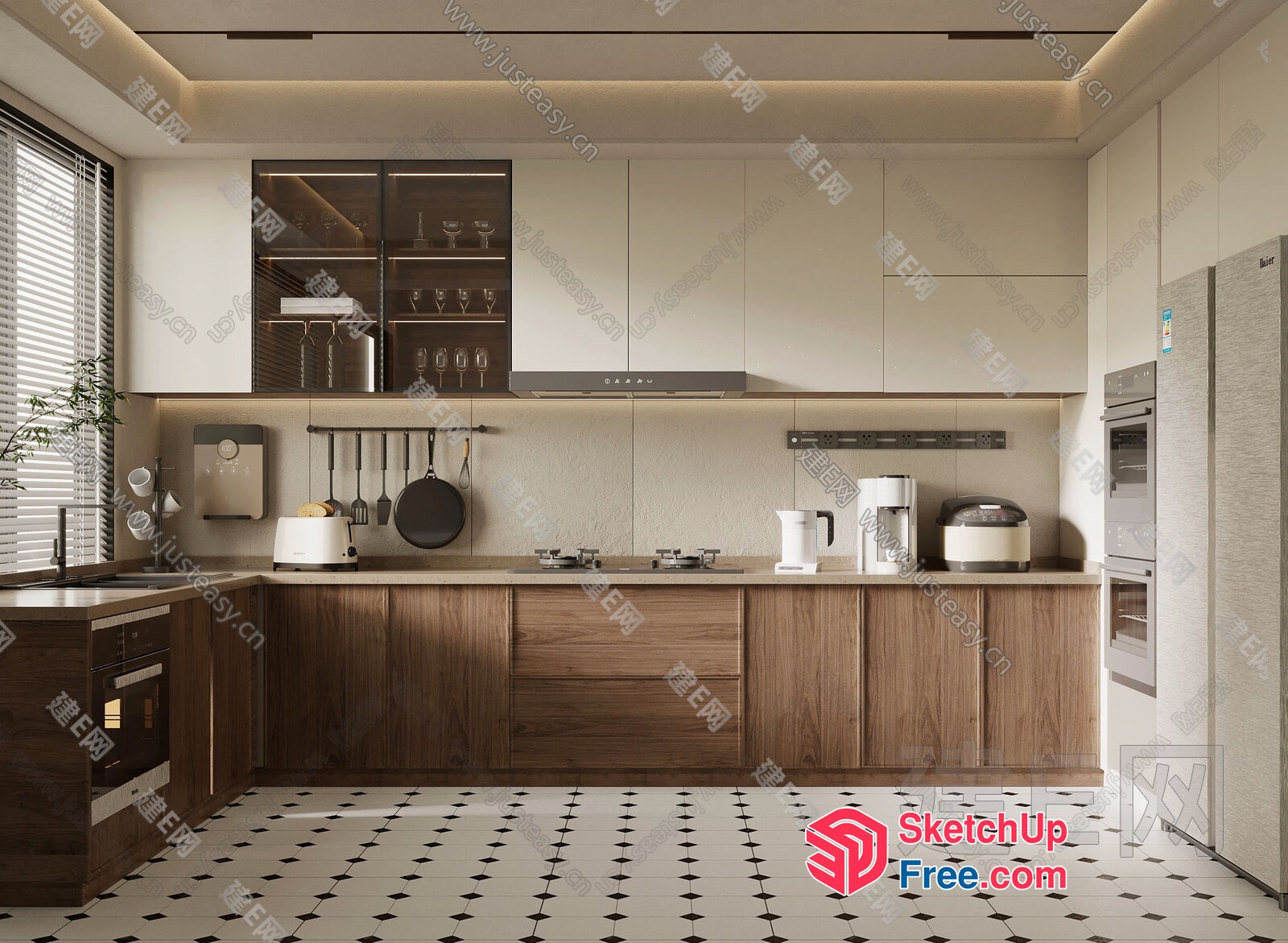 Modern Kitchen With Wooden Cabinets And White Appliances 3D SketchUp File